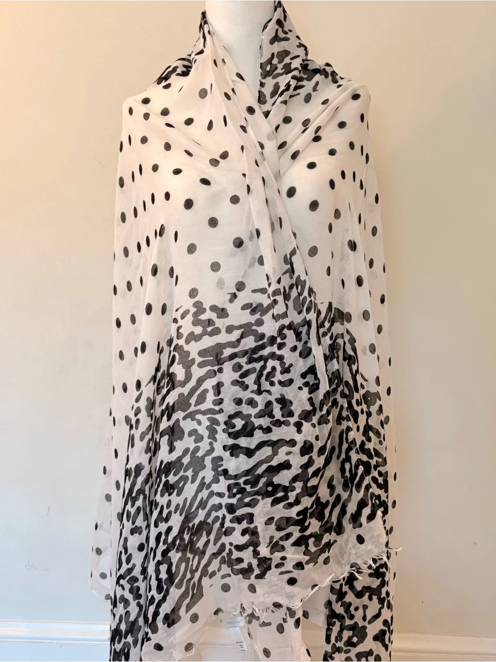 Lightweight White Scarf Black Polka Dot Leopard Print Semi Sheer 38 x 72